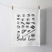 Load image into Gallery viewer, Vicinity Store Sushi Lover illustration, screen printed linen tea towel