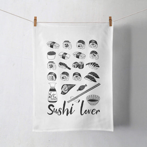 Vicinity Store Sushi Lover illustration, screen printed linen tea towel